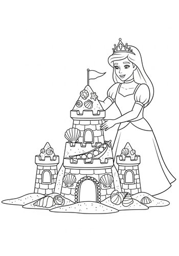 Coloring Page: The Princess Building A Sandcastle Decorated With Seashells And Peas Coloring Page