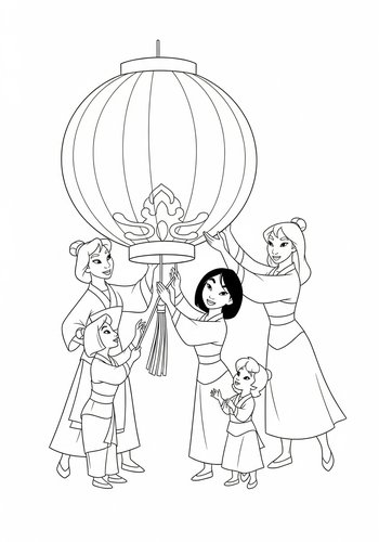Mulan And Her Friends Decorating A Giant Chinese Lantern Coloring Page