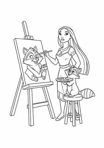 Pocahontas Painting A Portrait Of Meeko The Raccoon Coloring Page