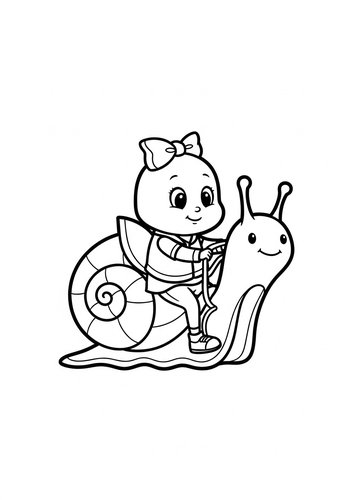 Coloring Page: Adorable Girl Riding A Snail Coloring Page