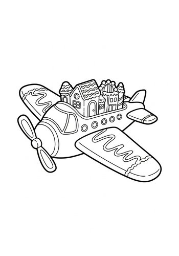 Airplane With Gingerbread Houses - Coloring Page