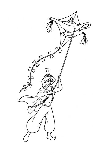 Coloring Page: Aladdin Flying A Kite Shaped Like A Magic Lamp - Coloring Page Fun