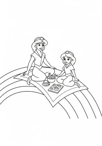Aladdin Picnic On A Rainbow - Magical Coloring Page
