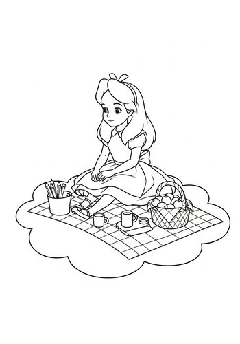 Alice Having A Picnic On A Cloud: Coloring Page Fun