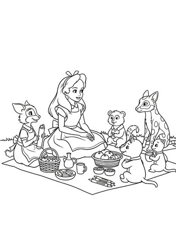 Alice Having A Picnic With Talking Animals Coloring Page