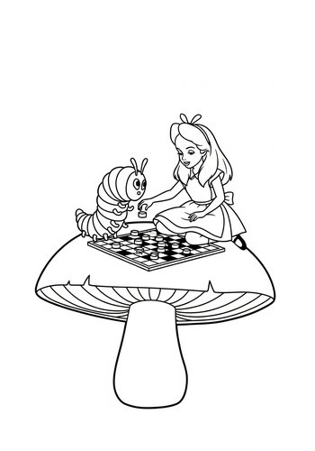 Alice Playing Checkers With A Caterpillar On A Giant Mushroom Coloring Page