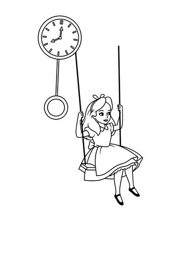 Alice Swinging From A Clock Pendulum: Coloring Page Fun