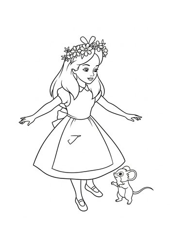 Coloring Page: Alice Wearing A Crown Of Flowers And Dancing With A Field Mouse Coloring Page