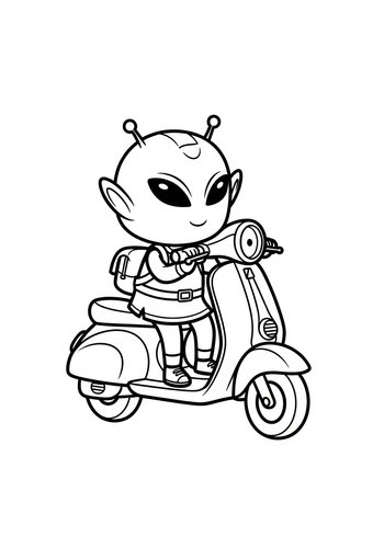 Alien On Scooter - Coloring Page Fun