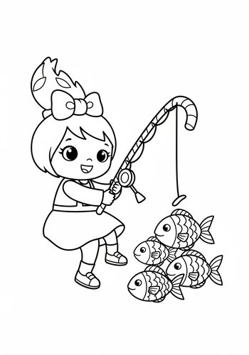 Coloring Page: Amethyst Fishing For Colorful Fish With A Candy Cane Fishing Rod - Coloring Page