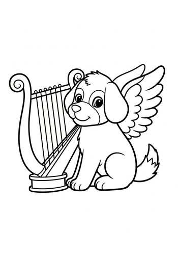 Angel Dog With Harp Coloring Page