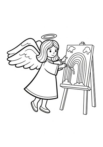 Angel Painting A Rainbow - Coloring Page