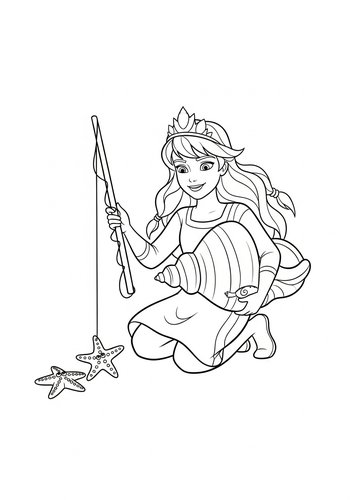 Anna Fishing For Starfish With A Giant Seashell Coloring Page