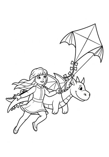 Anna Flying A Kite Shaped Like A Friendly Dragon - Coloring Page