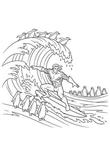 Aquaman Surfing A Giant Wave With A Group Of Penguins Coloring Page