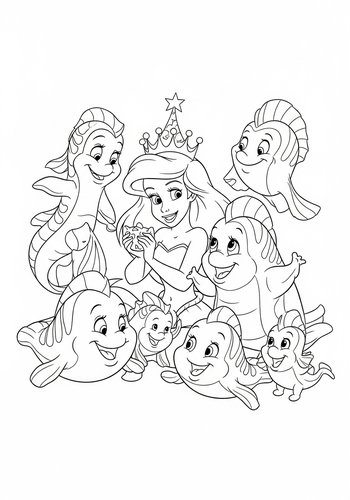 Coloring Page: Ariel Having A Costume Party With Her Sea Creature Friends - Coloring Page Fun