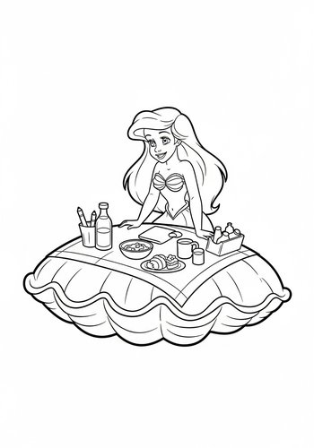 Coloring Page: Ariel Having A Picnic On A Giant Clam Shell Coloring Page