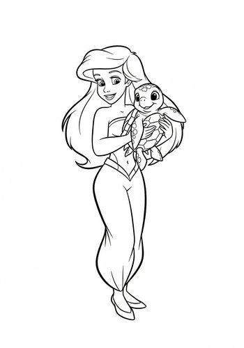 Coloring Page: Ariel Holding A Baby Sea Turtle: Coloring Page Fun