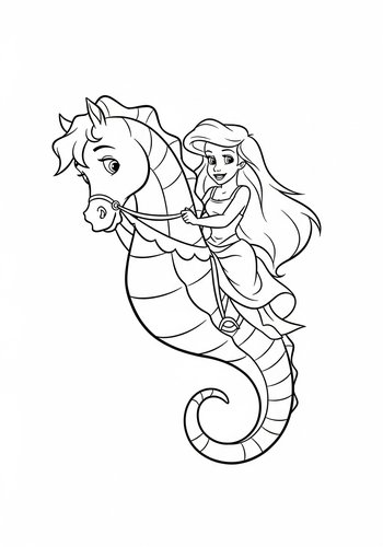 Ariel Riding A Giant Seahorse: Underwater Coloring Fun