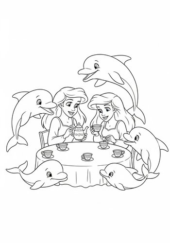 Ariel's Tea Party With Dolphins - Coloring Page Fun
