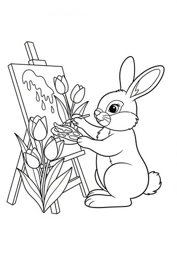 Artistic Bunny Painting Tulips Coloring Page