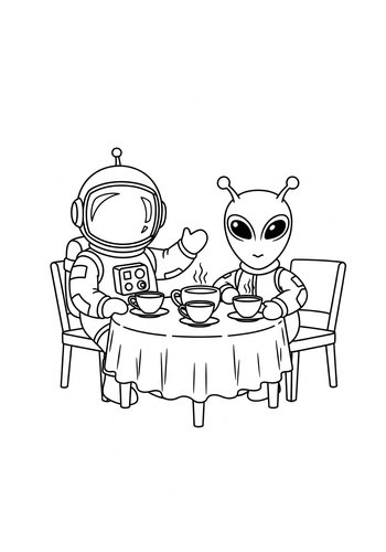 Astronaut And Alien Tea Party Coloring Page