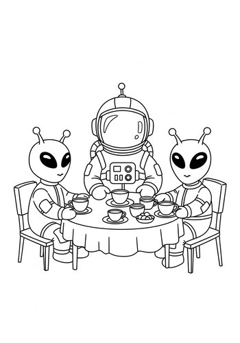 Astronaut And Aliens Tea Party Coloring Page