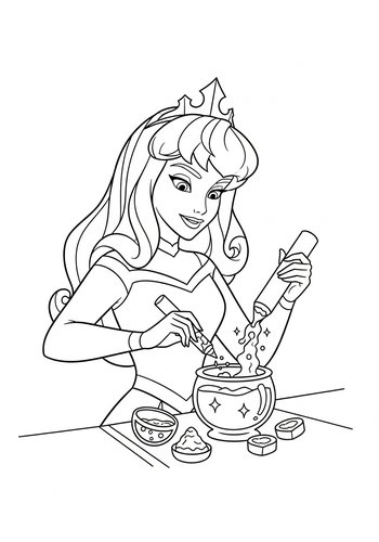 Aurora Creating A Magic Potion With Sparkling Ingredients Coloring Page