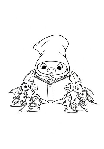Coloring Page: Bag End Reading A Book To A Group Of Baby Dragons: Coloring Page