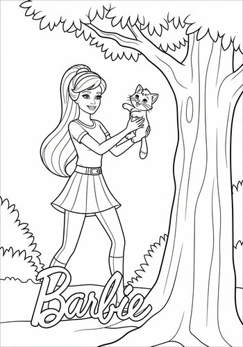 Barbie's Heroic Act: Rescuing A Kitten From A Tree Coloring Page