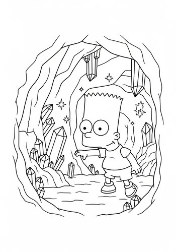 Coloring Page: Bart Exploring A Cave Filled With Glowing Crystals Coloring Page