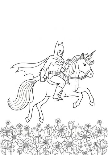 Batman Riding A Unicorn Through A Field Of Flowers Coloring Page