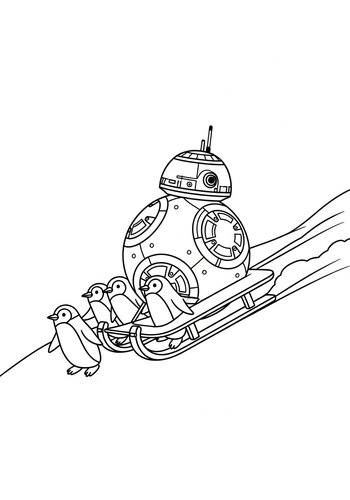 Coloring Page: Bb-8 Sledding Down A Snowy Hill With Penguins Coloring Page