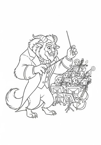 Beast Conducting An Orchestra Of Enchanted Instruments Coloring Page