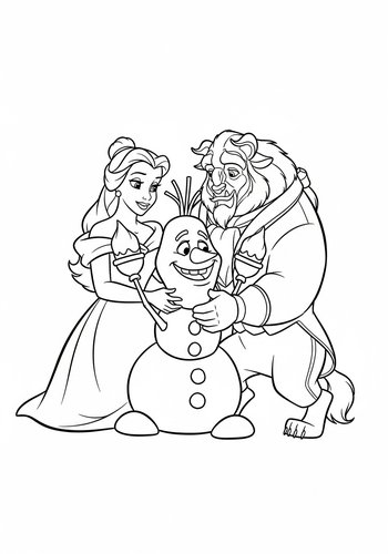Belle And Beast Building A Snowman That Looks Like Lumiere - Coloring Page Fun