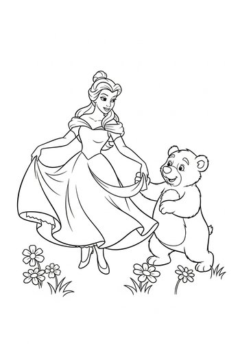 Belle Dancing With A Friendly Bear In A Flower Meadow Coloring Page