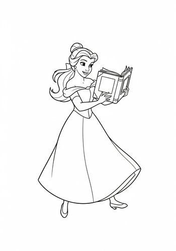 Coloring Page: Belle Playing Leapfrog With Books: A Coloring Adventure