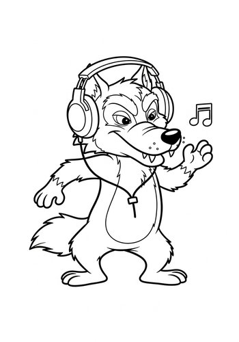 Coloring Page: Big Bad Wolf Wearing Headphones And Dancing To Music - Coloring Page Fun