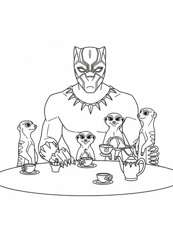 Black Panther Tea Party: Coloring Page With Meerkats