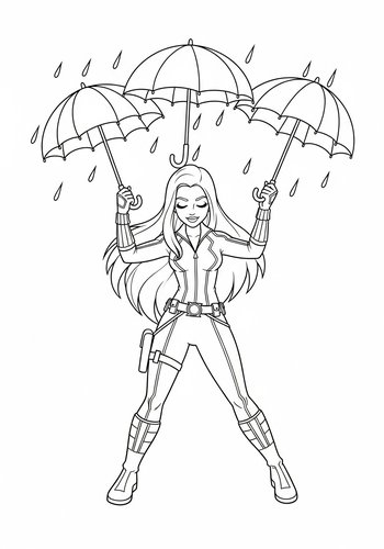 Black Widow Dancing In The Rain With Colorful Umbrellas - Coloring Page