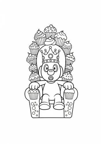 Bruno's Sweet Reign: Coloring Page Of Bruno Wearing A Crown And Sitting On A Throne Made Of Cupcakes