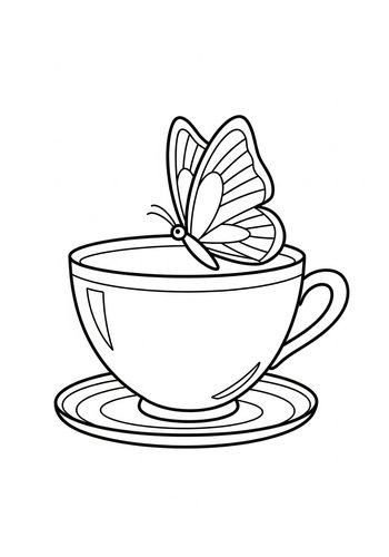 Butterfly On Teacup Coloring Page