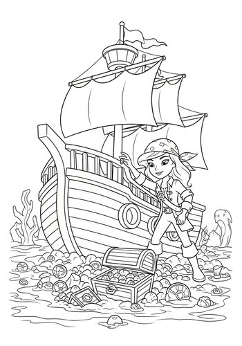 Candace Exploring A Sunken Pirate Ship Filled With Treasure Coloring Page