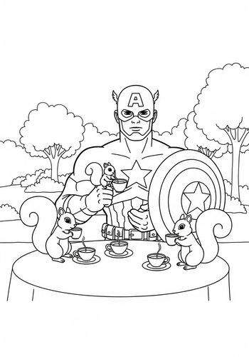 Coloring Page: Captain America Having A Tea Party With Squirrels In Central Park Coloring Page