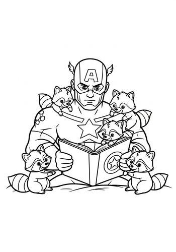 Captain America Reading A Bedtime Story To Baby Raccoons - Coloring Page