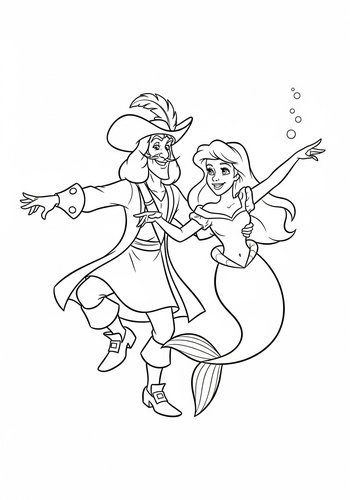 Captain Hook Dancing With A Mermaid Under The Sea - Coloring Page