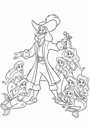 Captain Hook Playing A Game Of Charades With A Group Of Mermaids Coloring Page