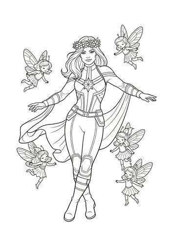 Captain Marvel Wearing A Flower Crown And Dancing With Woodland Fairies Coloring Page