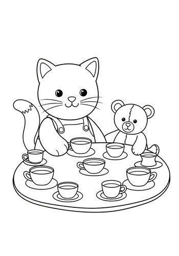 Cat & Bear Tea Party Coloring Page