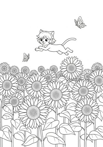 Cat Noir Chasing Butterflies In A Field Of Giant Sunflowers Coloring Page